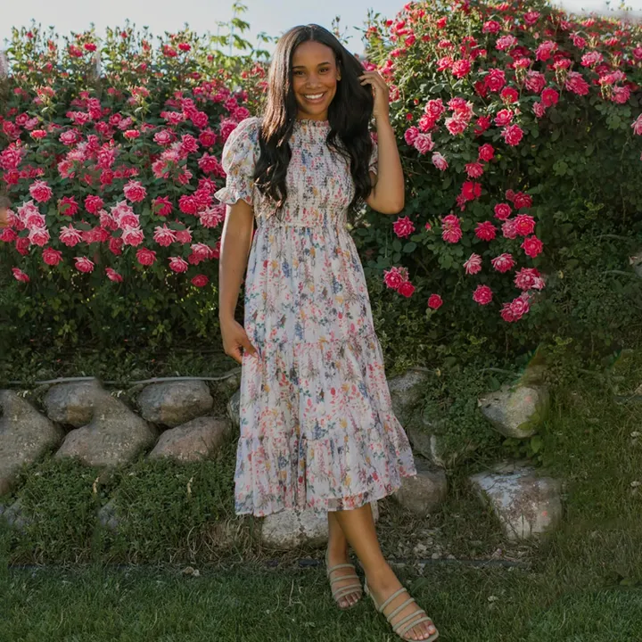 فستان بناتي مزهر بكم منفوش Girls' Floral Puff Sleeve Dress