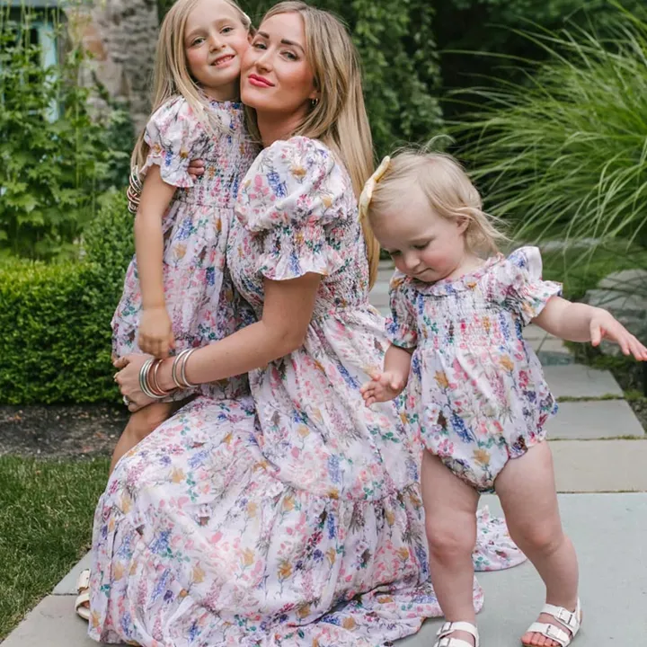 فستان بناتي مزهر بكم منفوش Girls' Floral Puff Sleeve Dress