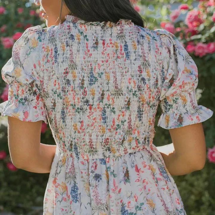 فستان بناتي مزهر بكم منفوش Girls' Floral Puff Sleeve Dress