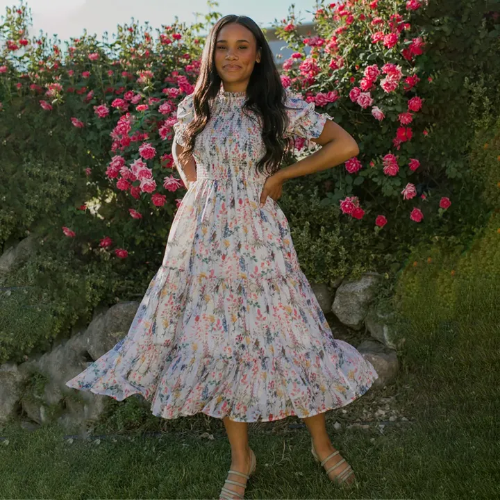 فستان بناتي مزهر بكم منفوش Girls' Floral Puff Sleeve Dress