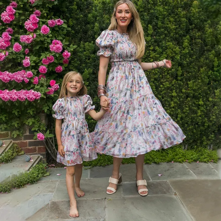 فستان بناتي مزهر بكم منفوش Girls' Floral Puff Sleeve Dress
