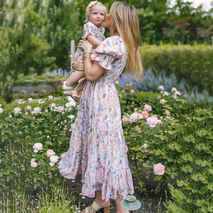 فستان بناتي مزهر بكم منفوش Girls' Floral Puff Sleeve Dress
