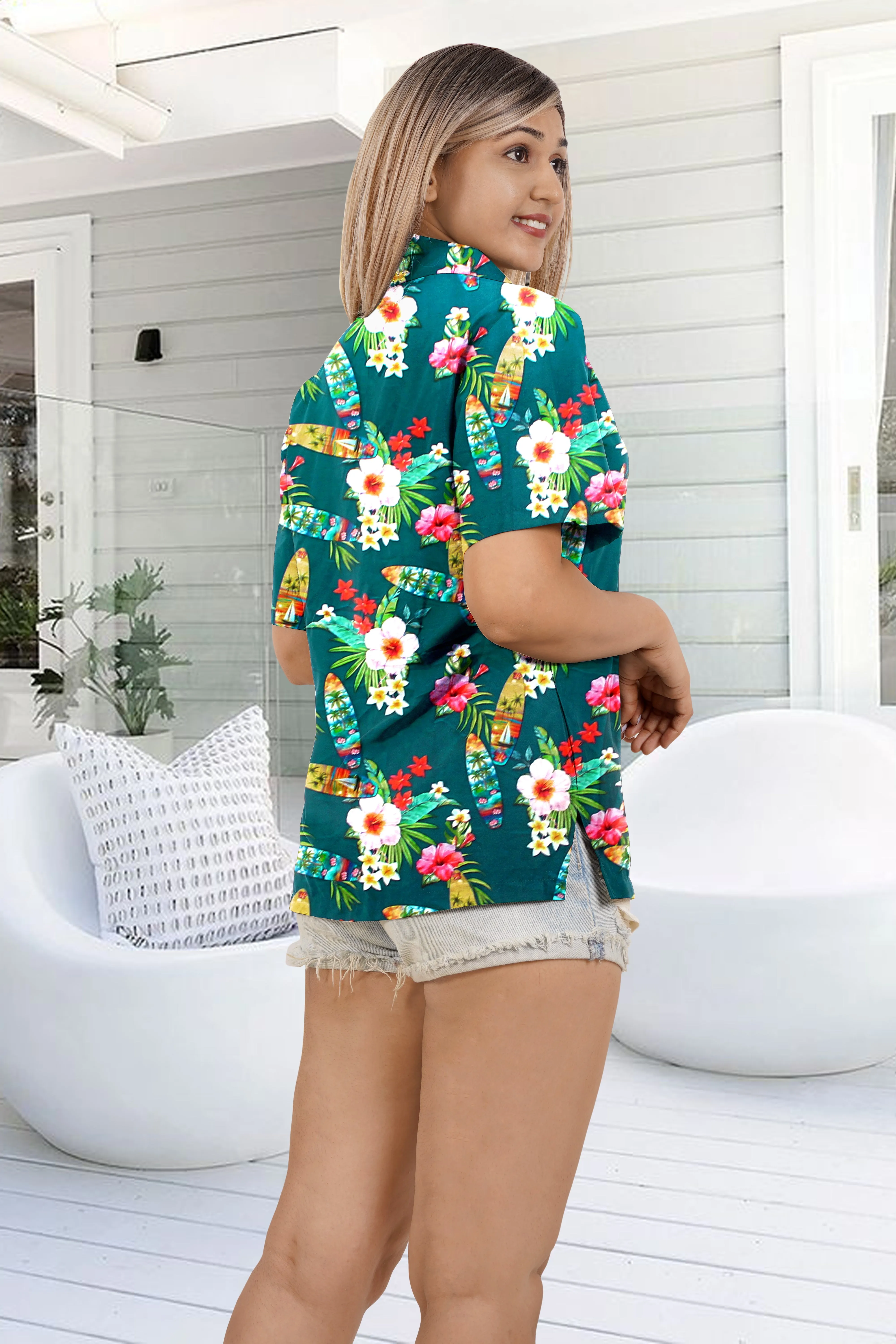 Blue Floral Printed Hawaiian Shirts for Women
