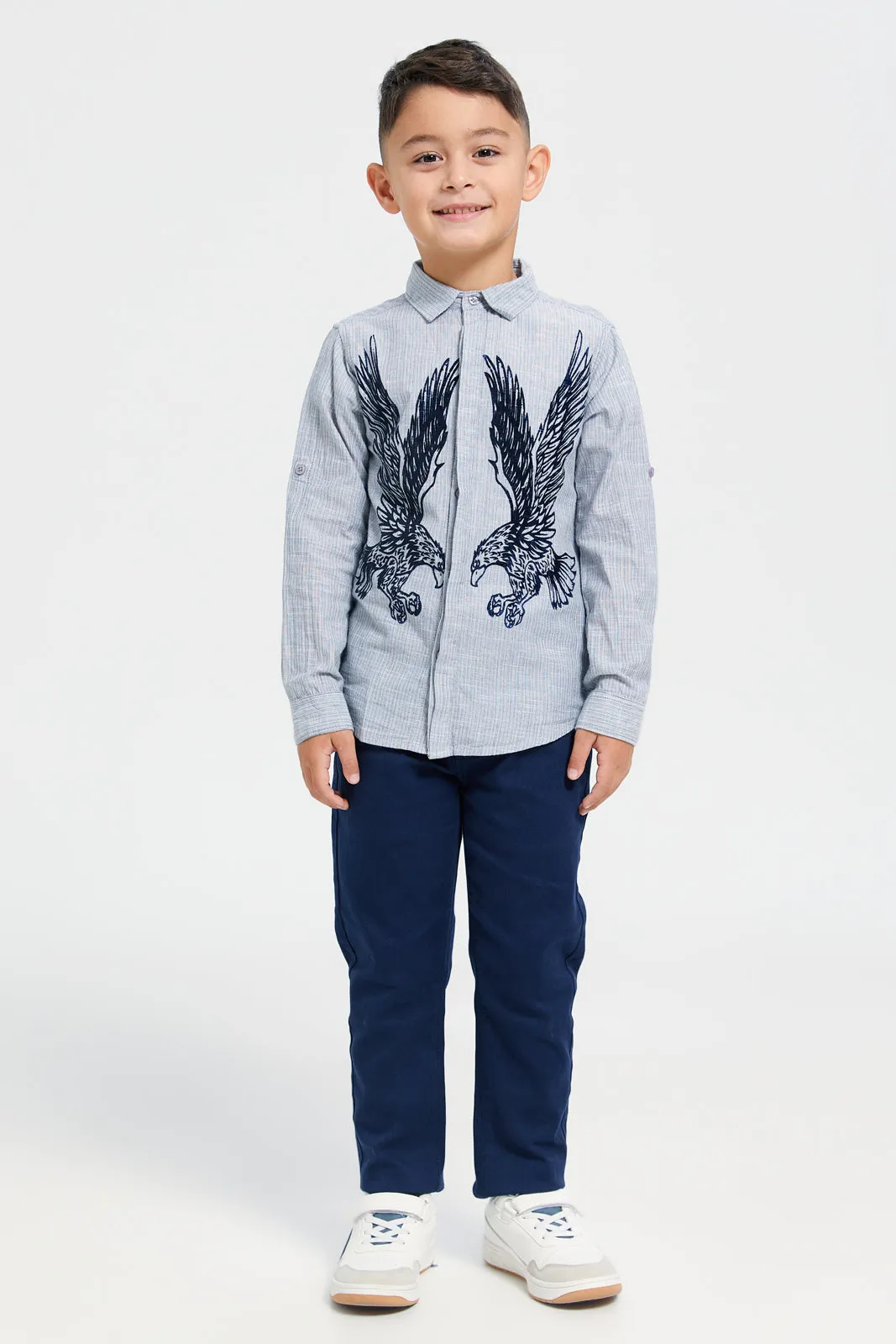 Boys Junior Grey Flock Tiger Print Long Sleeve Shirt