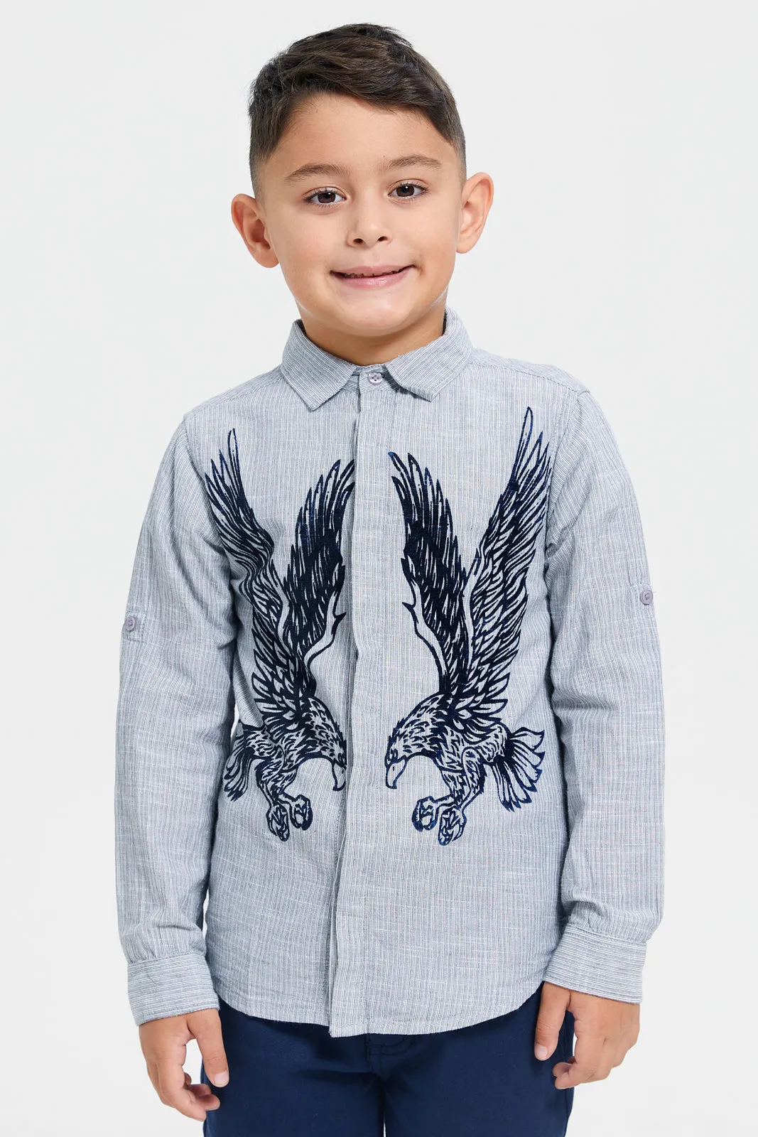 Boys Junior Grey Flock Tiger Print Long Sleeve Shirt