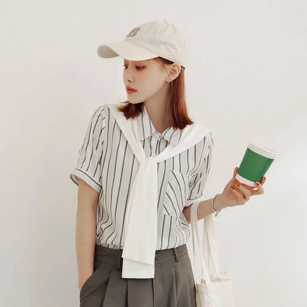 Casual Two Piece Scarf Stripe Button Shirt Top