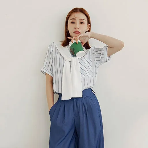 Casual Two Piece Scarf Stripe Button Shirt Top
