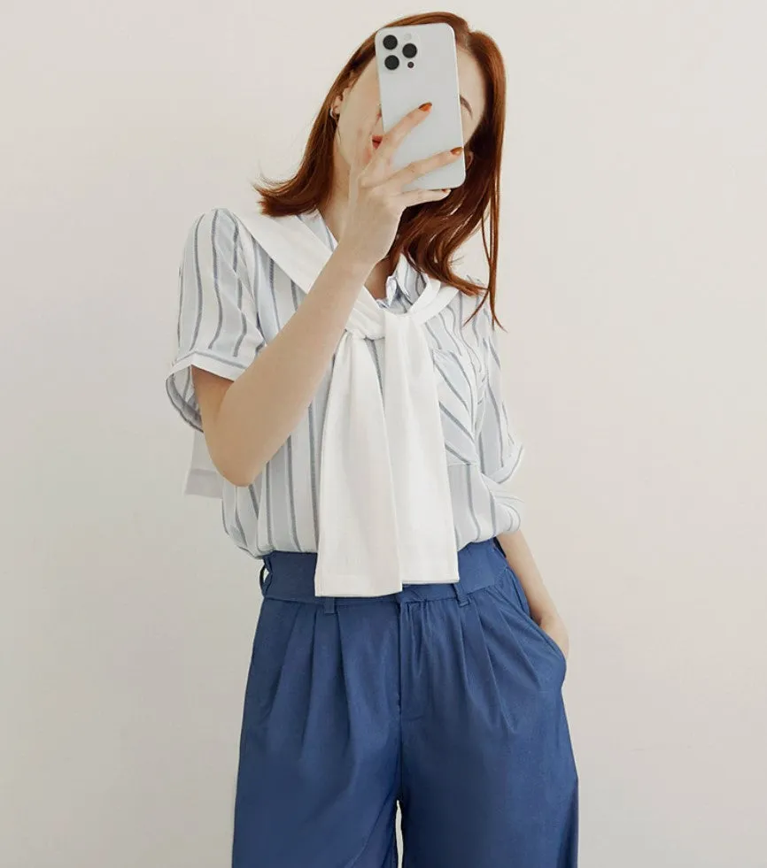 Casual Two Piece Scarf Stripe Button Shirt Top