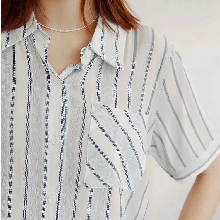 Casual Two Piece Scarf Stripe Button Shirt Top