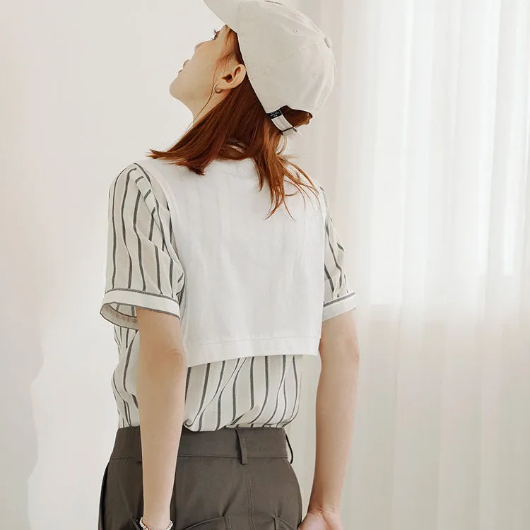Casual Two Piece Scarf Stripe Button Shirt Top