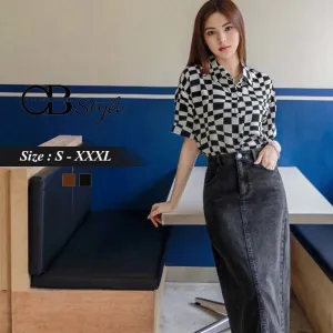 CHECKED BUTTON TUNIC SHORT SLEEVE CROP SHIRTS