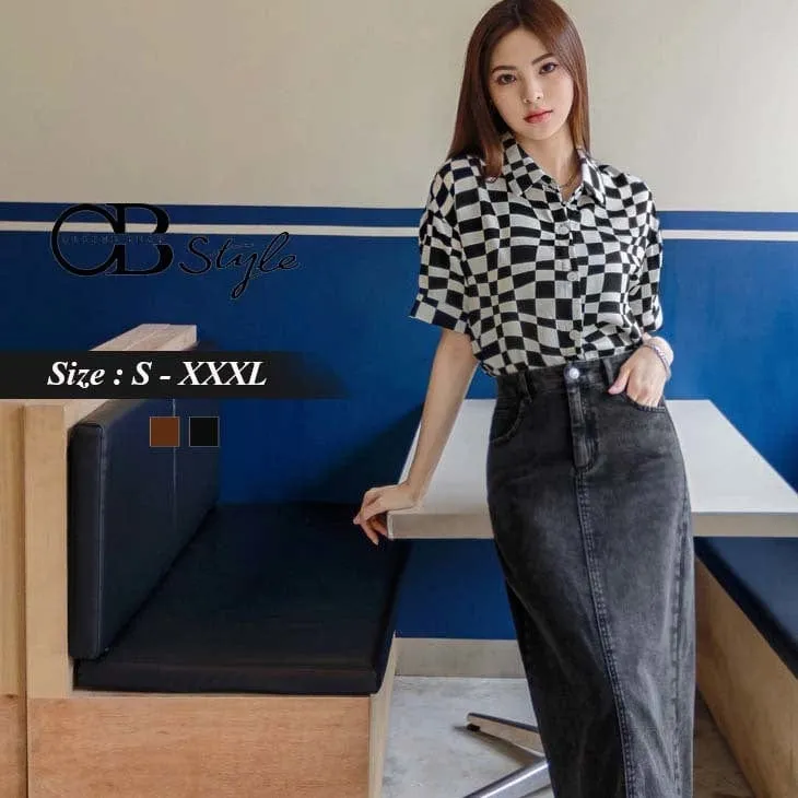 CHECKED BUTTON TUNIC SHORT SLEEVE CROP SHIRTS