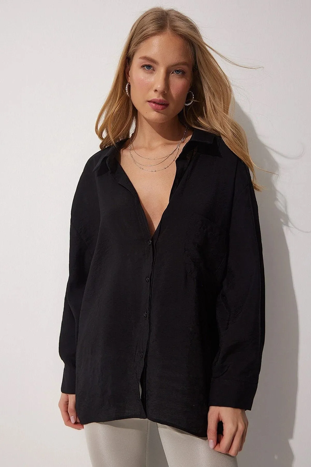 Classic Black Linen Long Sleeve Blouse