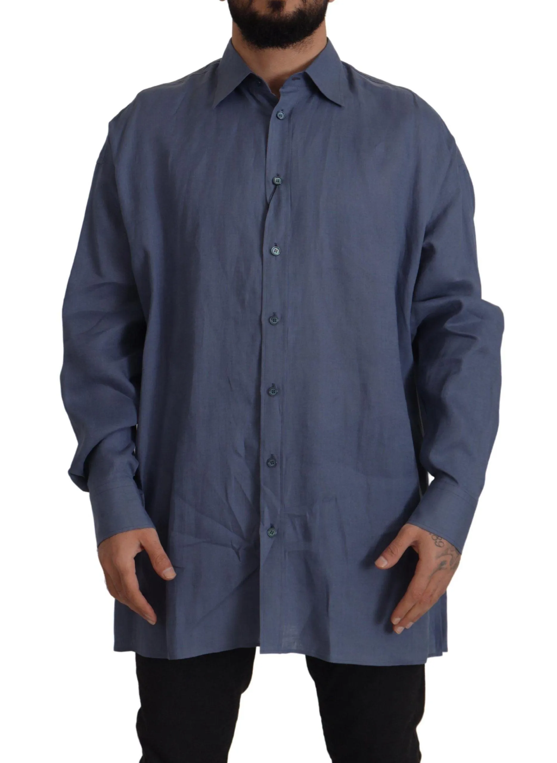 Dolce & Gabbana Dark Blue Linen Slim Fit Formal Men Shirt
