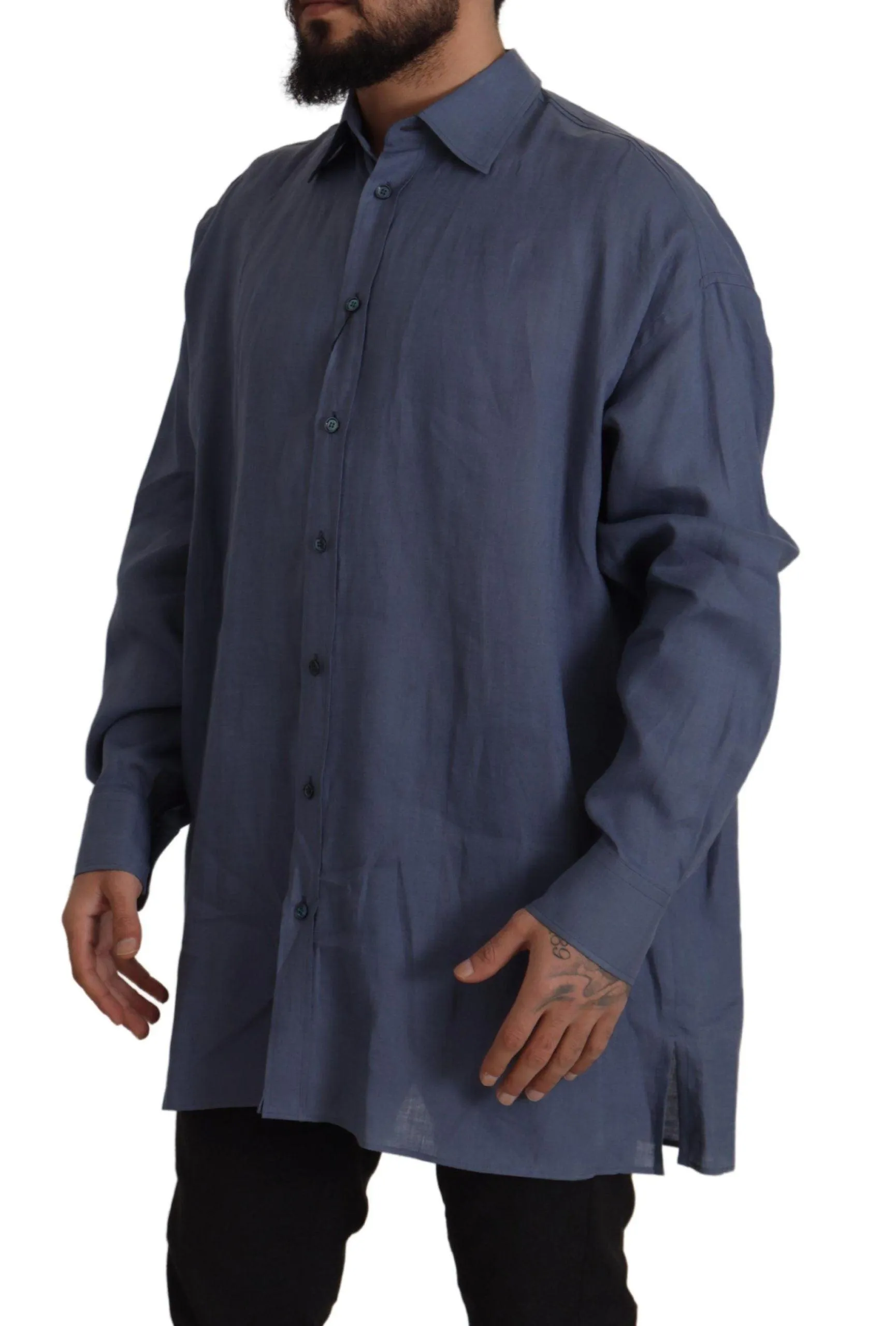 Dolce & Gabbana Dark Blue Linen Slim Fit Formal Men Shirt