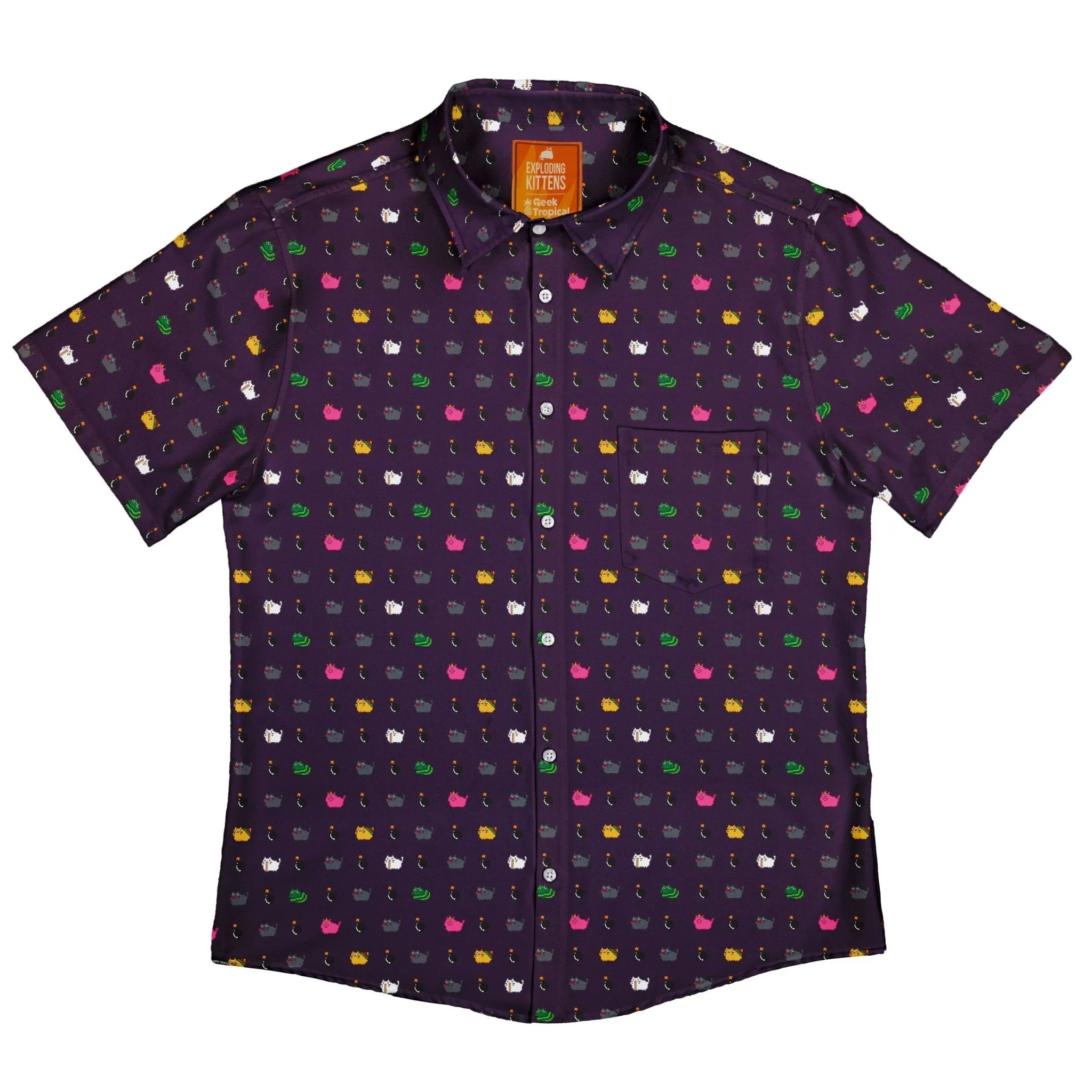 Exploding Kittens Pixel Cats Dark Button Up Shirt