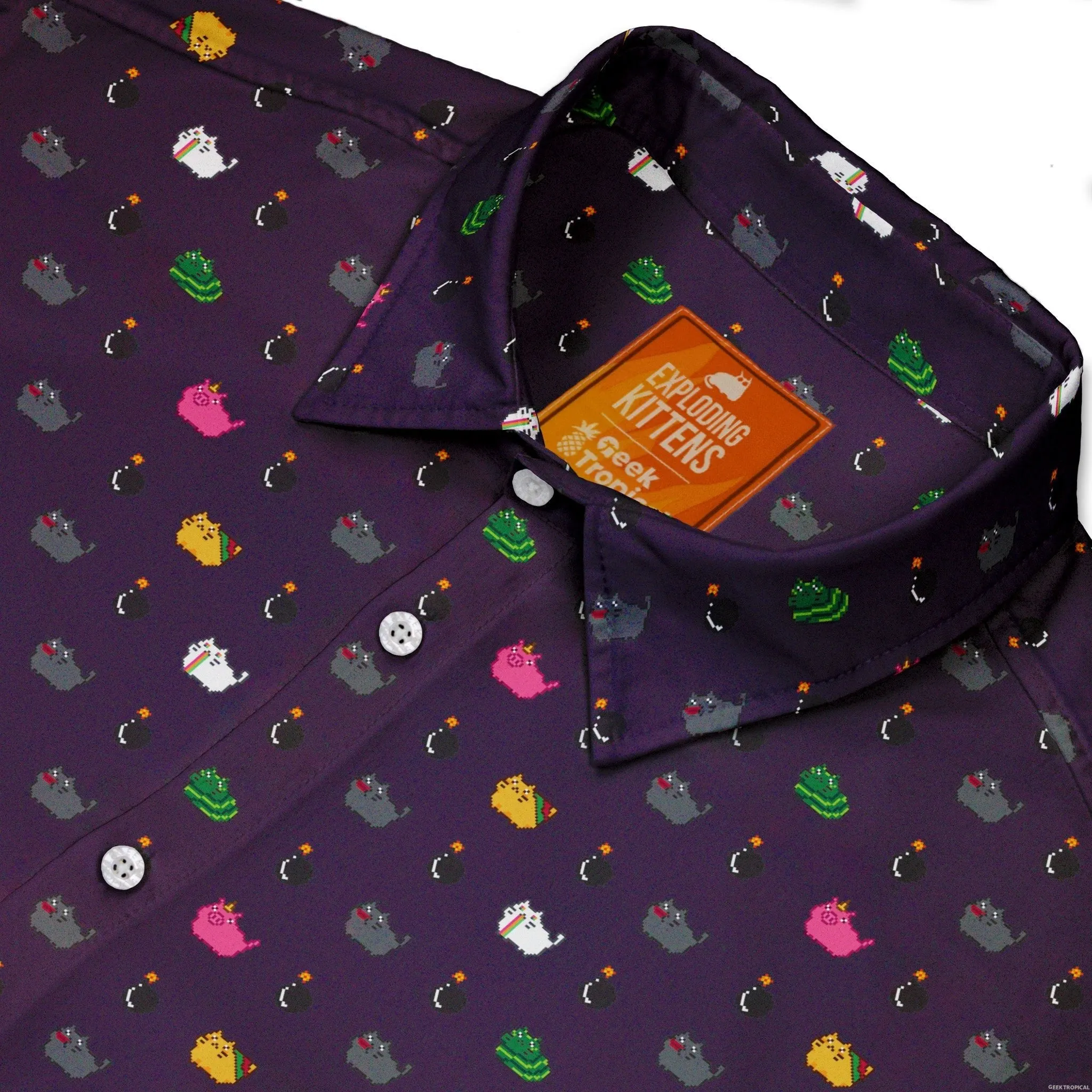 Exploding Kittens Pixel Cats Dark Button Up Shirt