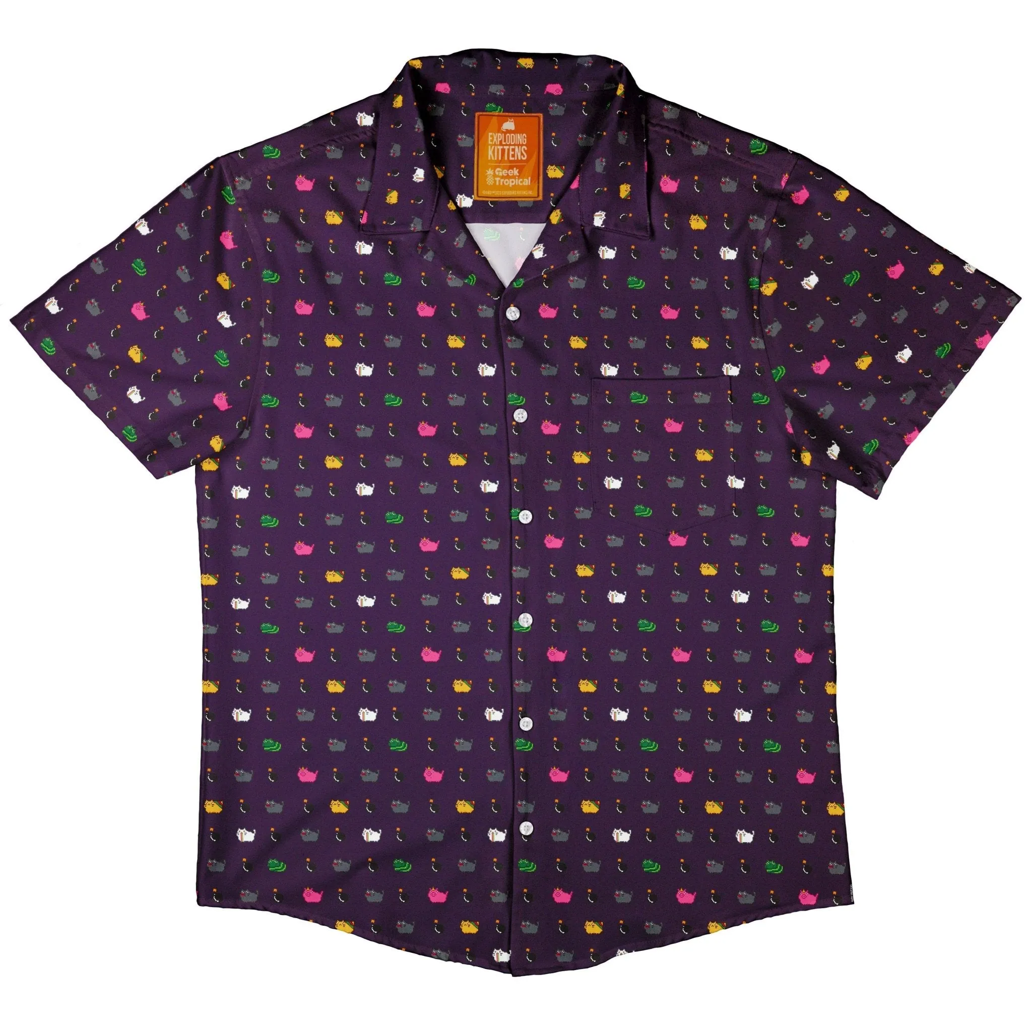 Exploding Kittens Pixel Cats Dark Button Up Shirt