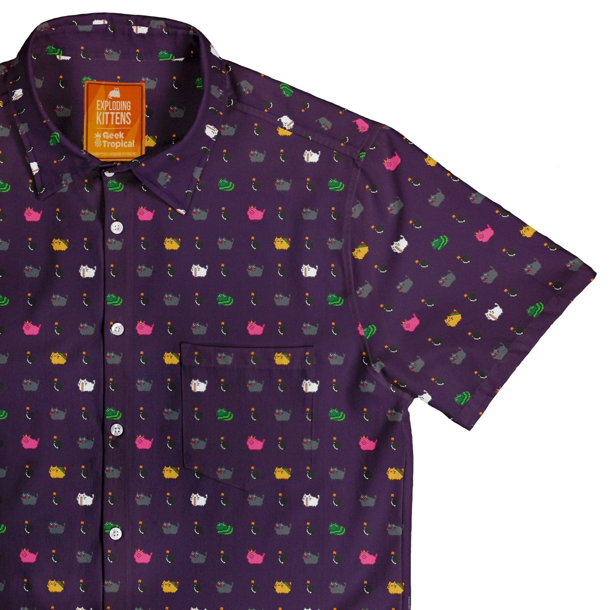 Exploding Kittens Pixel Cats Dark Button Up Shirt
