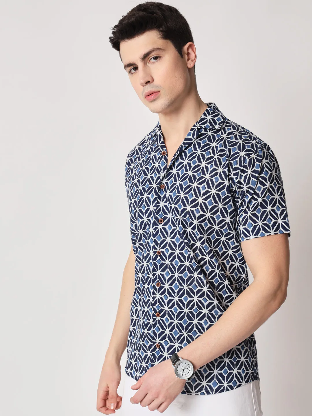 Firangi Yarn 100% Jaipuri Cotton Indigo Pattern Cuban Collar Resort, Lounge Casual Shirt Blue