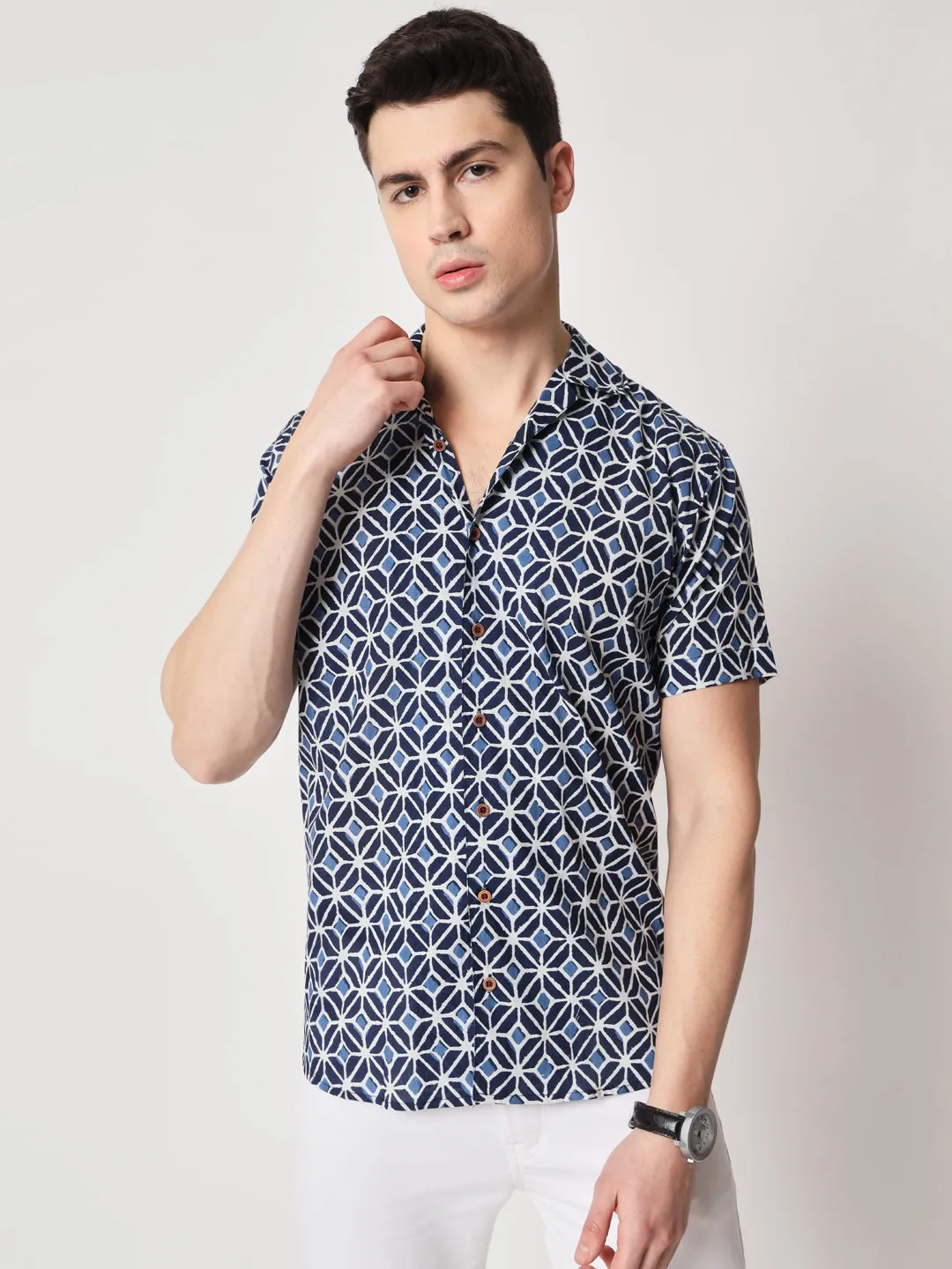 Firangi Yarn 100% Jaipuri Cotton Indigo Pattern Cuban Collar Resort, Lounge Casual Shirt Blue