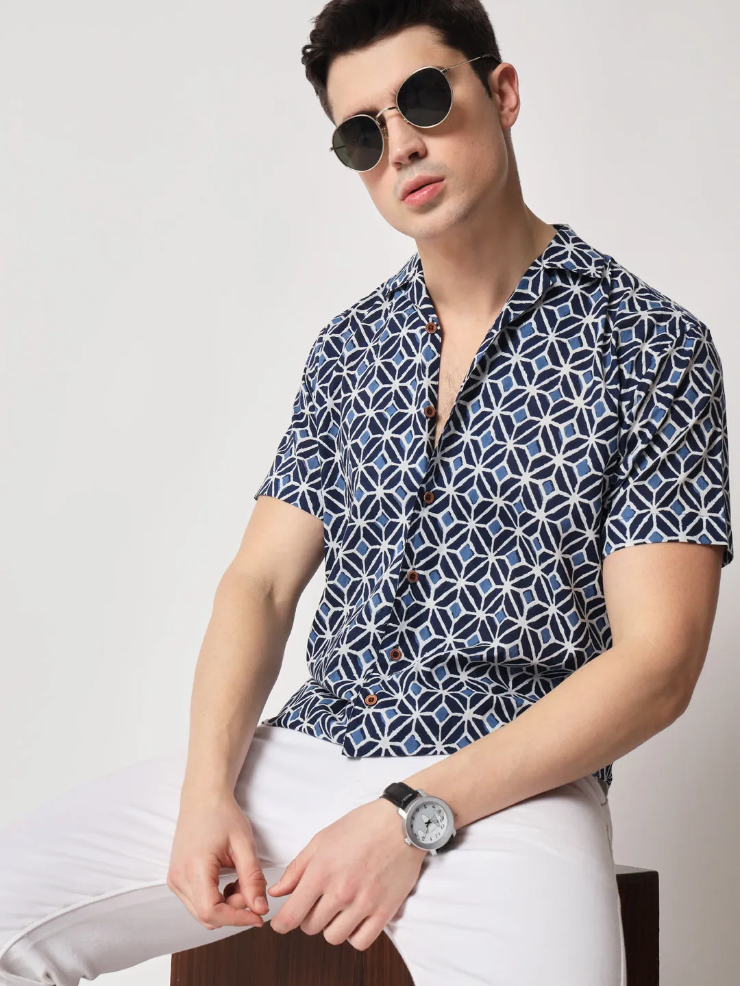 Firangi Yarn 100% Jaipuri Cotton Indigo Pattern Cuban Collar Resort, Lounge Casual Shirt Blue
