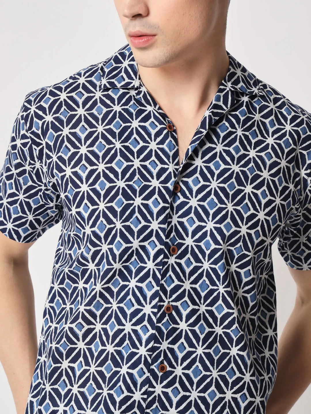 Firangi Yarn 100% Jaipuri Cotton Indigo Pattern Cuban Collar Resort, Lounge Casual Shirt Blue