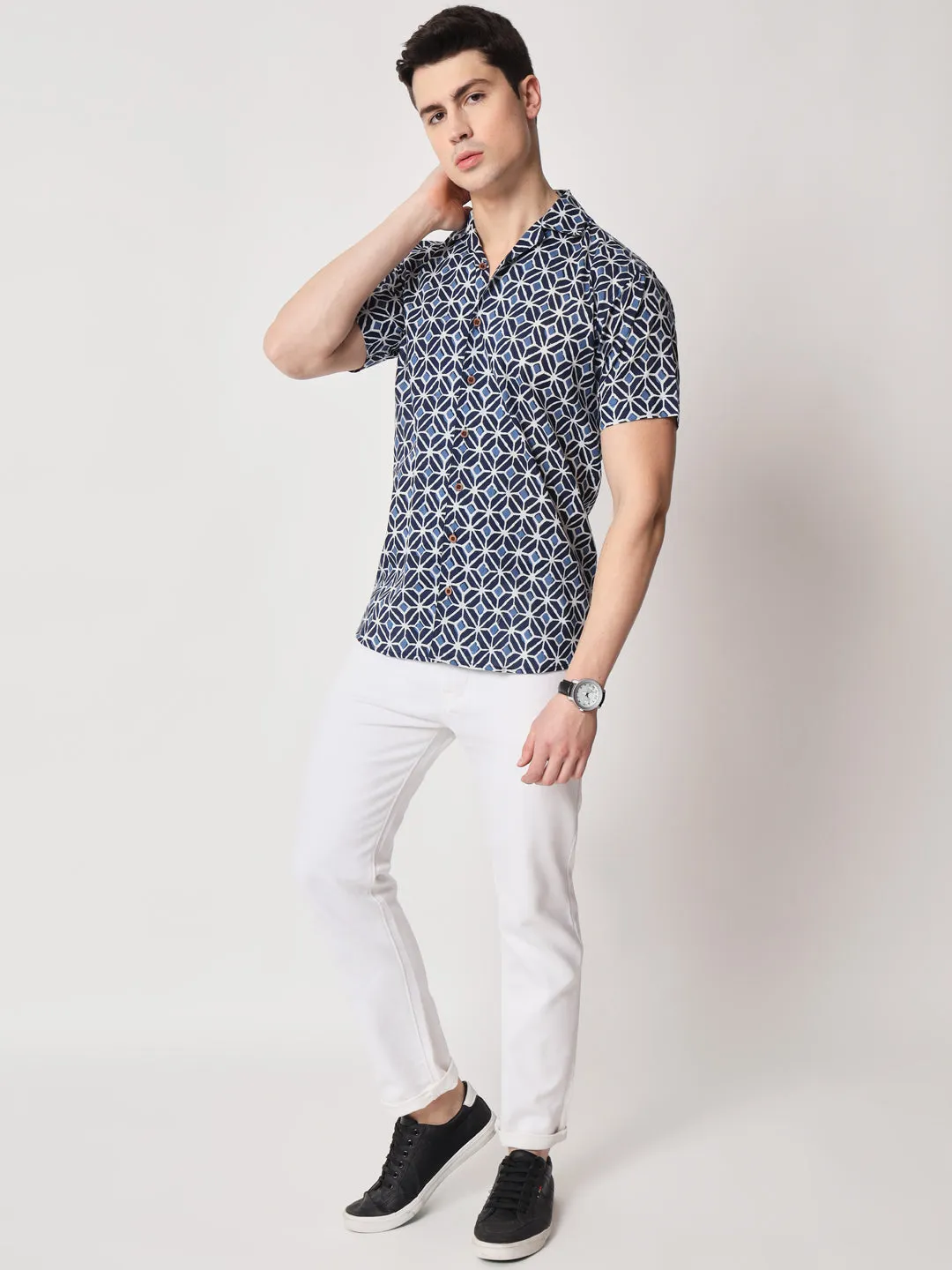 Firangi Yarn 100% Jaipuri Cotton Indigo Pattern Cuban Collar Resort, Lounge Casual Shirt Blue