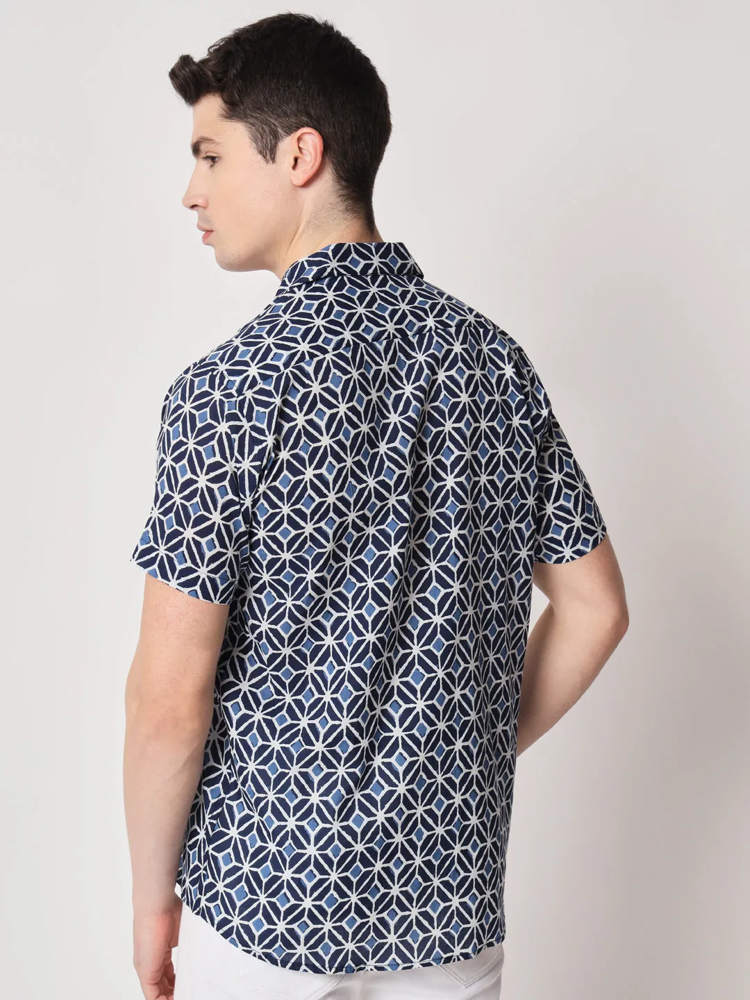 Firangi Yarn 100% Jaipuri Cotton Indigo Pattern Cuban Collar Resort, Lounge Casual Shirt Blue
