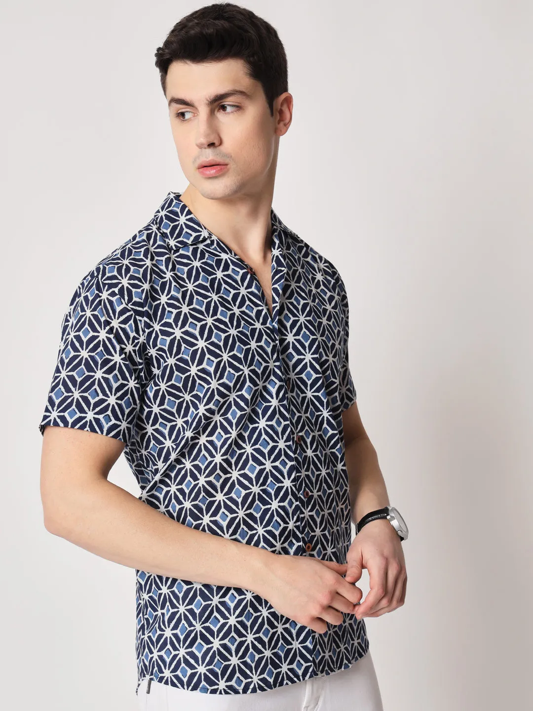 Firangi Yarn 100% Jaipuri Cotton Indigo Pattern Cuban Collar Resort, Lounge Casual Shirt Blue