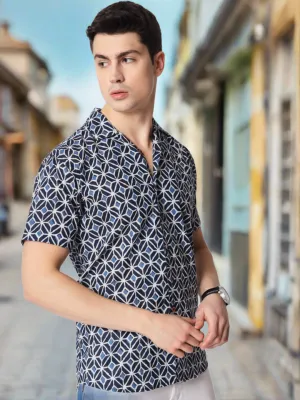 Firangi Yarn 100% Jaipuri Cotton Indigo Pattern Cuban Collar Resort, Lounge Casual Shirt Blue