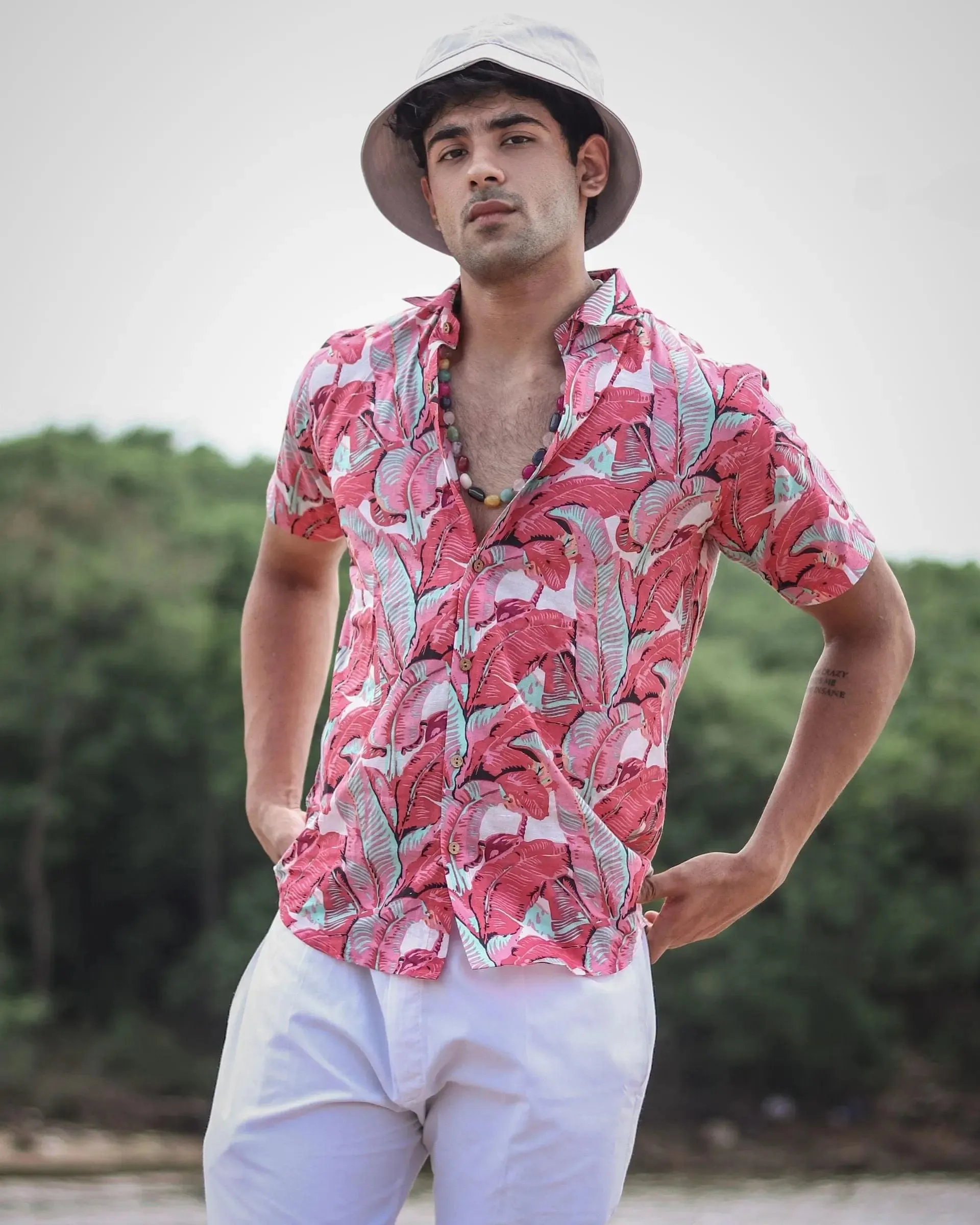 Firangi Yarn Block Printed Cotton Red Leaf Beach Printed Shirt For Men