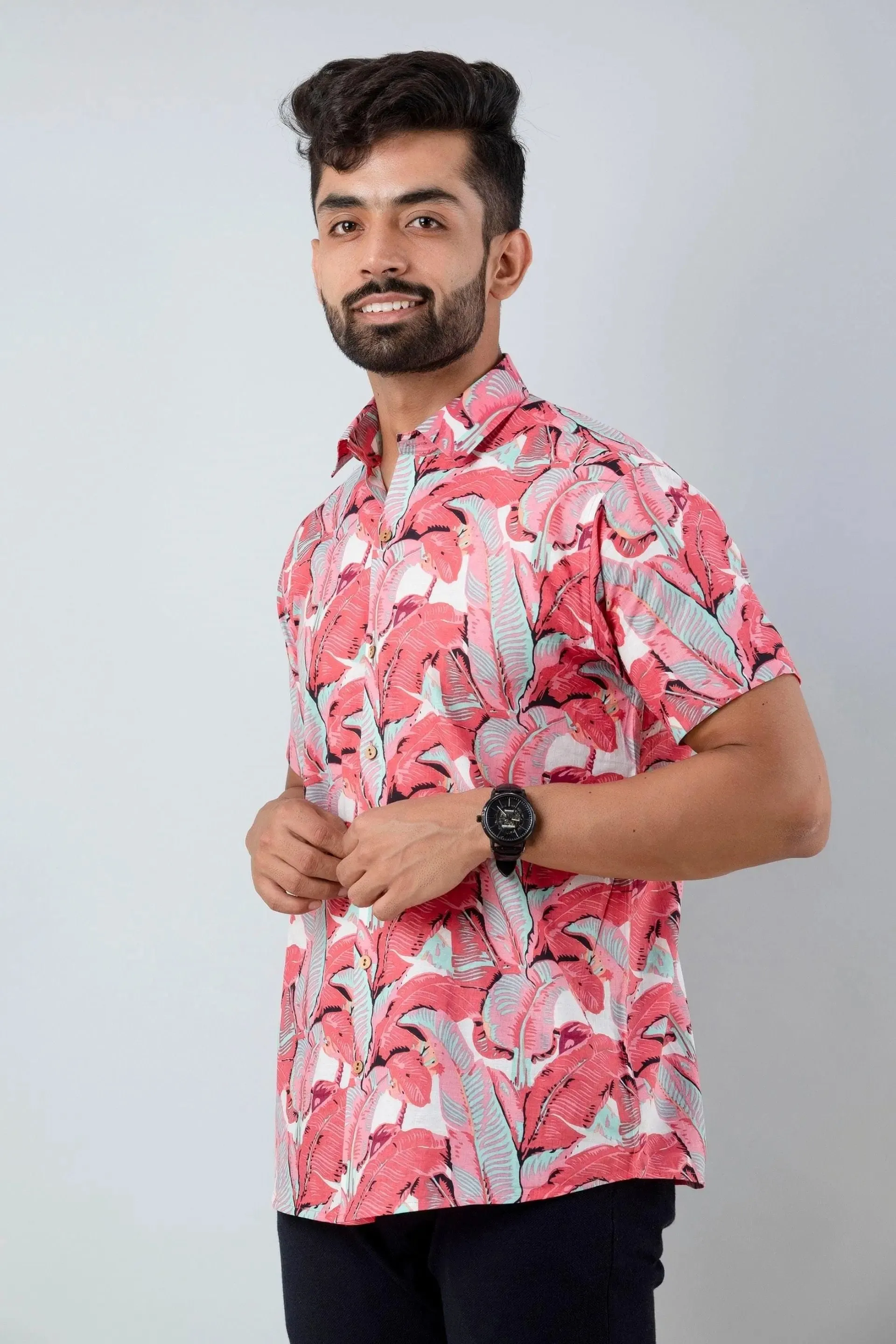 Firangi Yarn Block Printed Cotton Red Leaf Beach Printed Shirt For Men