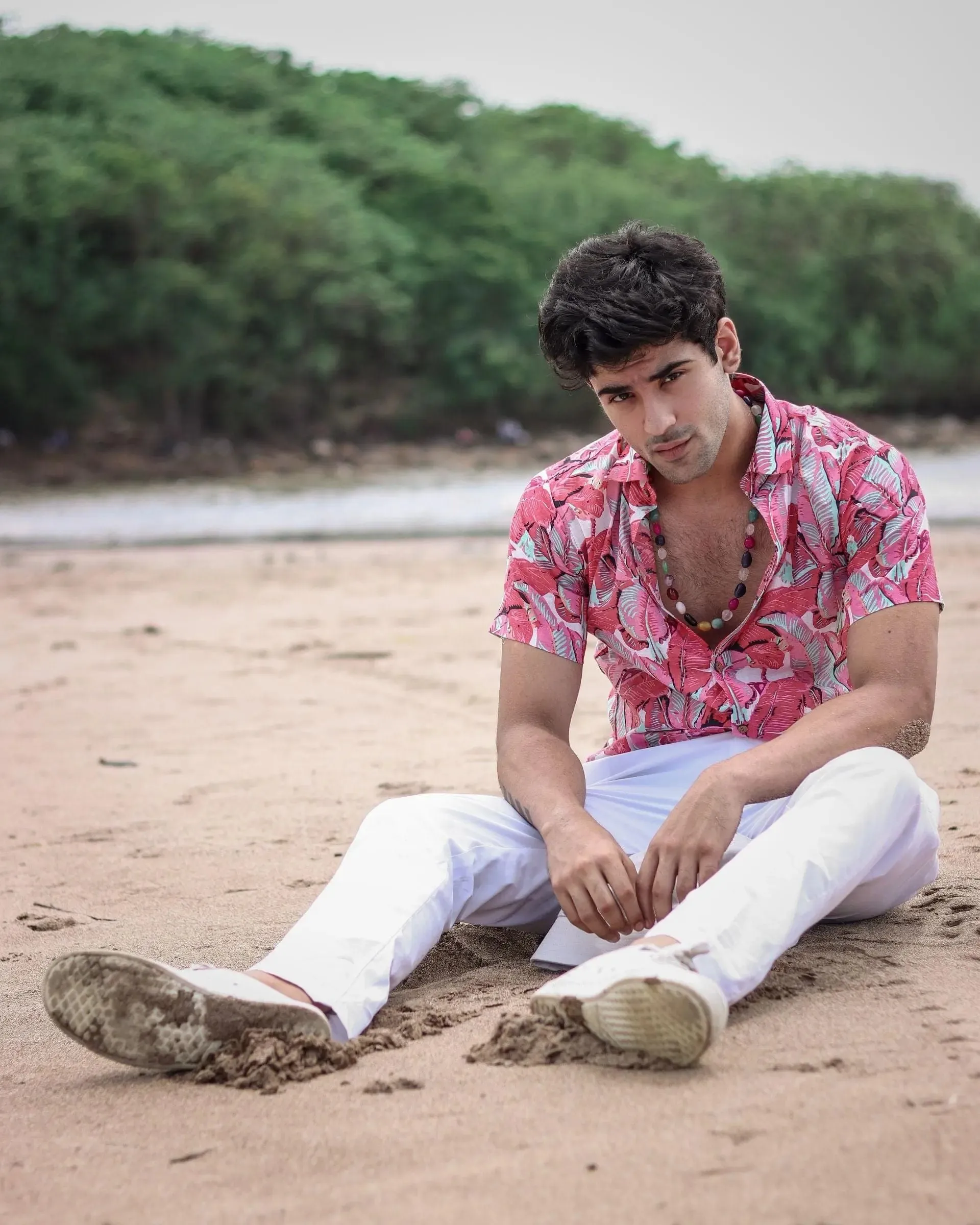 Firangi Yarn Block Printed Cotton Red Leaf Beach Printed Shirt For Men
