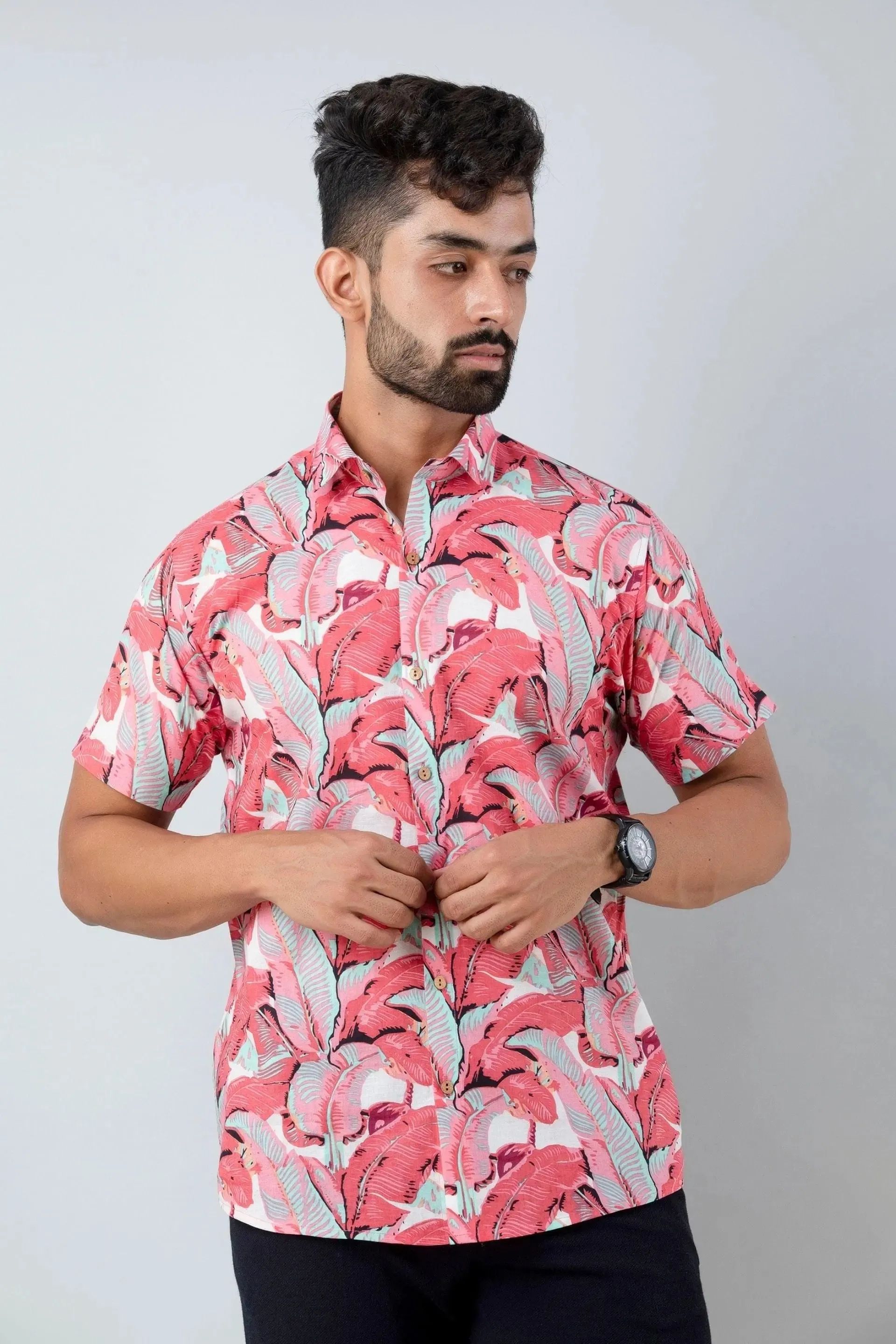 Firangi Yarn Block Printed Cotton Red Leaf Beach Printed Shirt For Men