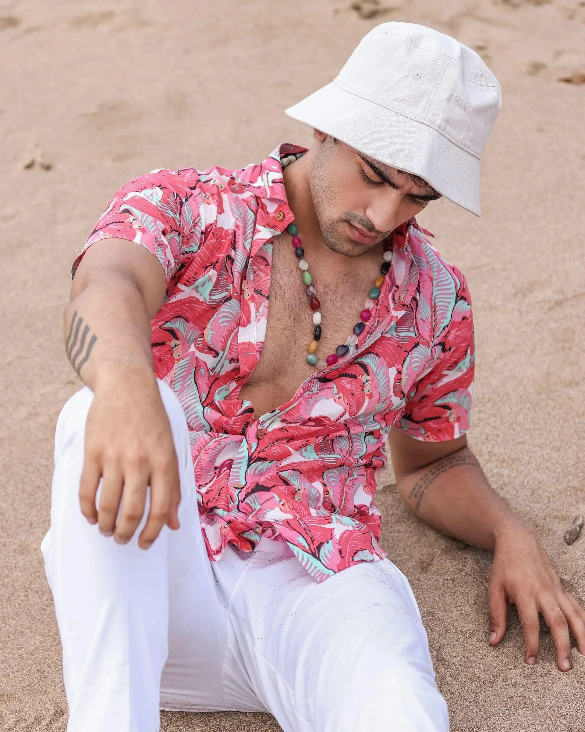 Firangi Yarn Block Printed Cotton Red Leaf Beach Printed Shirt For Men