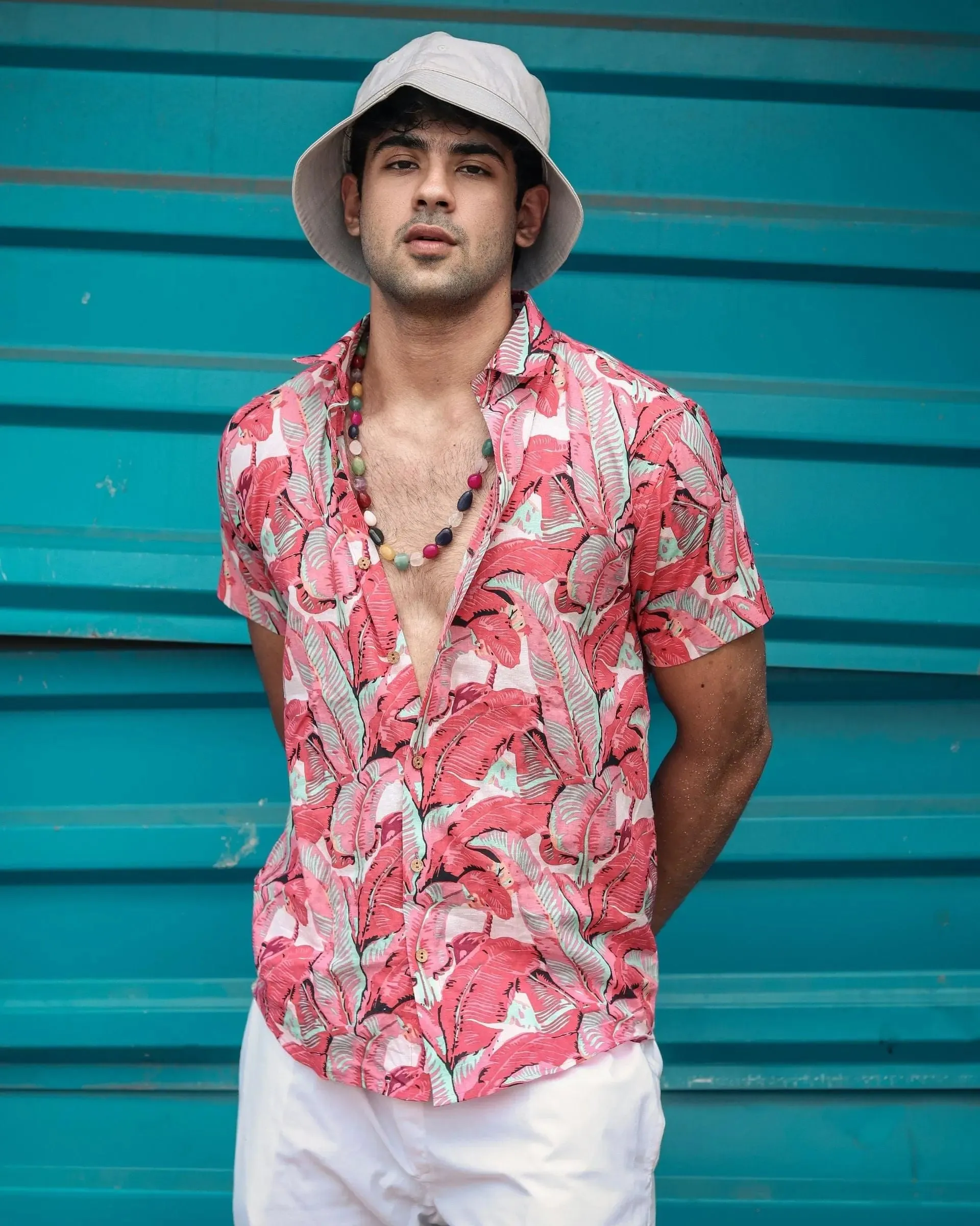 Firangi Yarn Block Printed Cotton Red Leaf Beach Printed Shirt For Men