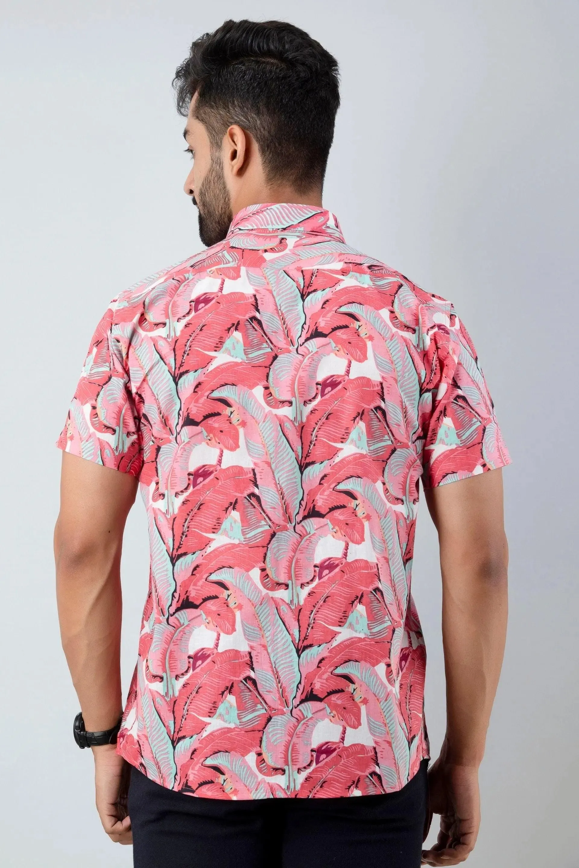 Firangi Yarn Block Printed Cotton Red Leaf Beach Printed Shirt For Men