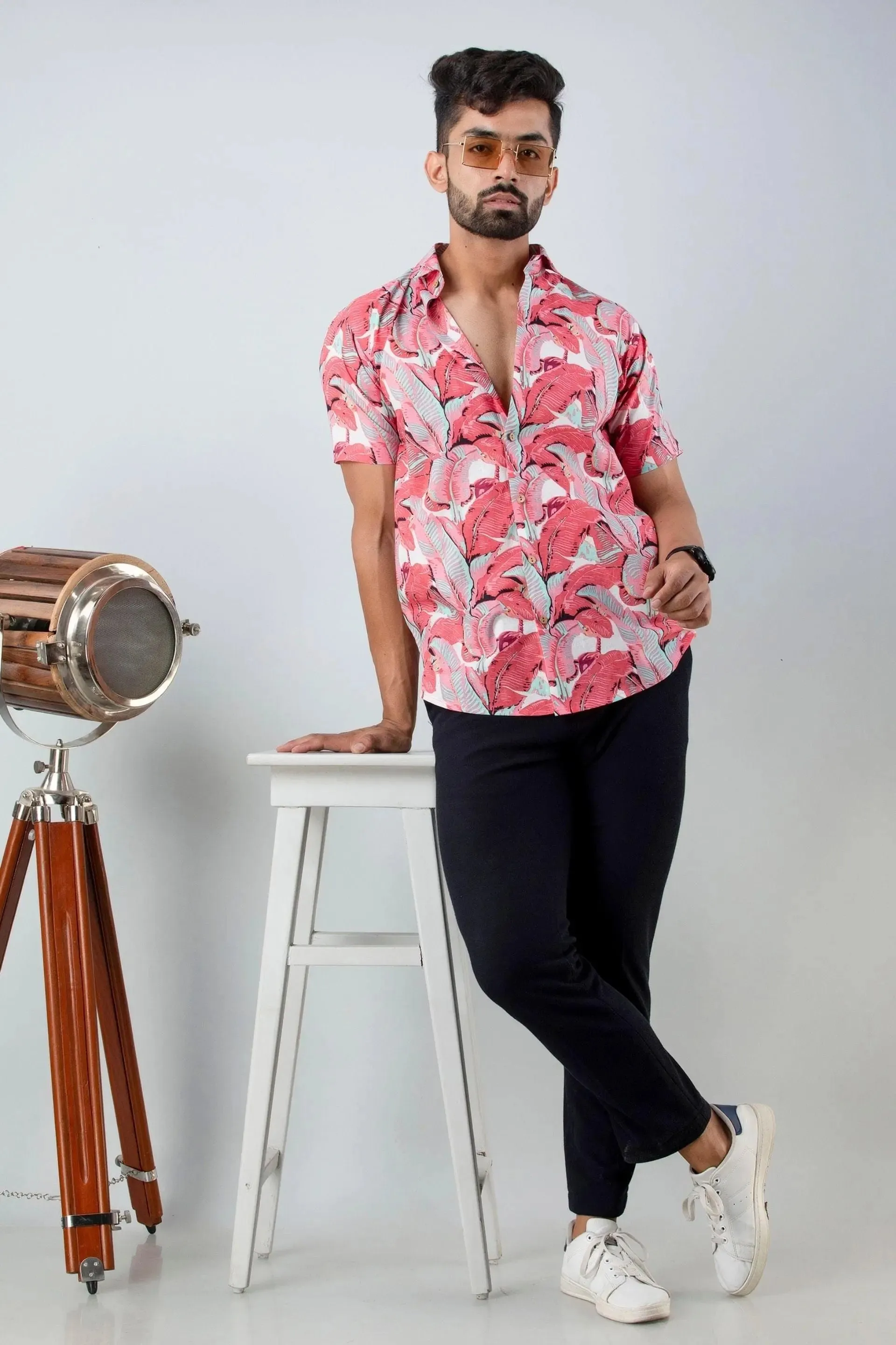 Firangi Yarn Block Printed Cotton Red Leaf Beach Printed Shirt For Men