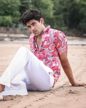 Firangi Yarn Block Printed Cotton Red Leaf Beach Printed Shirt For Men