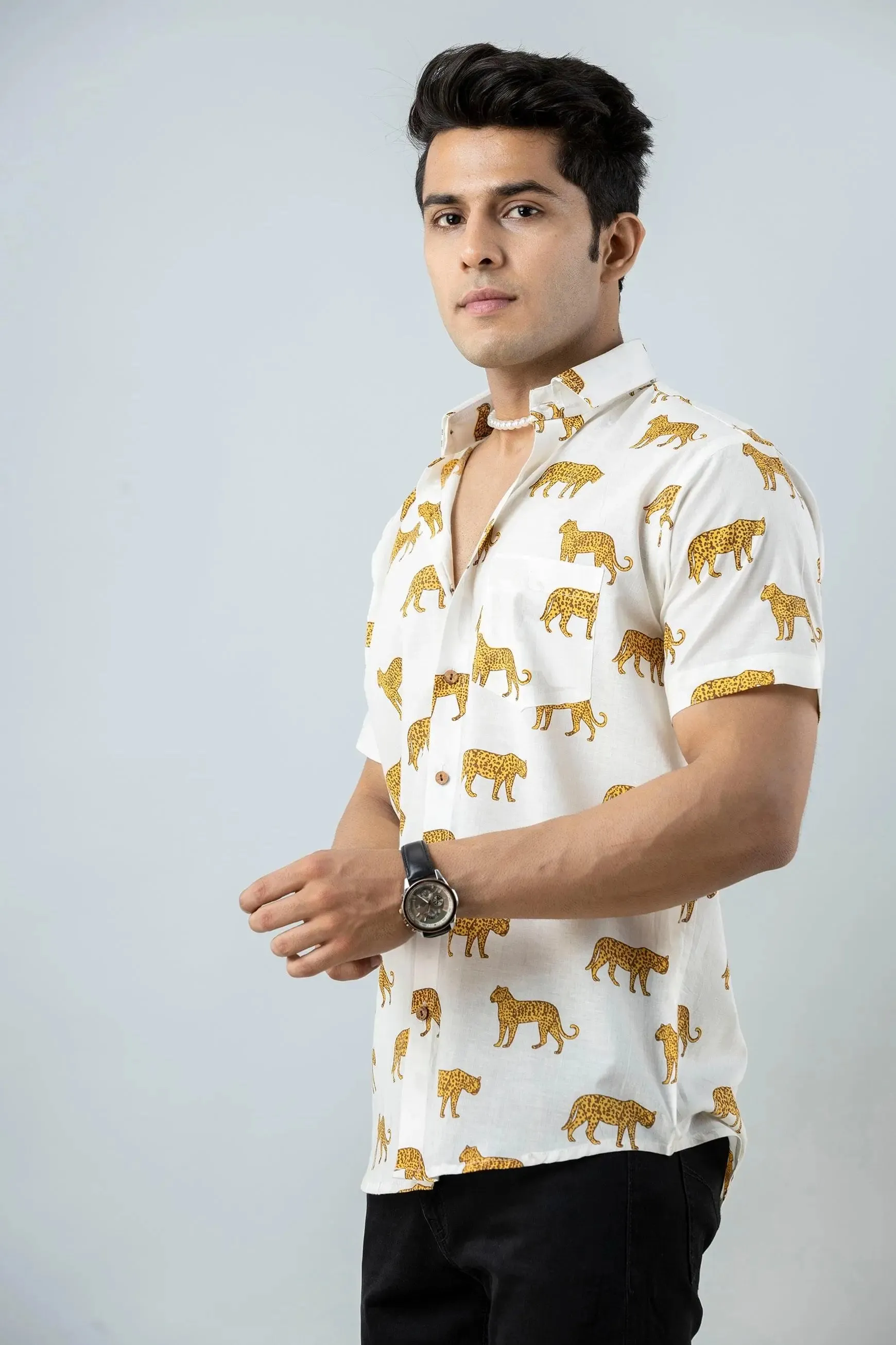 Firangi Yarn Block Printed Cotton White Leopard Printed Shirt For Men