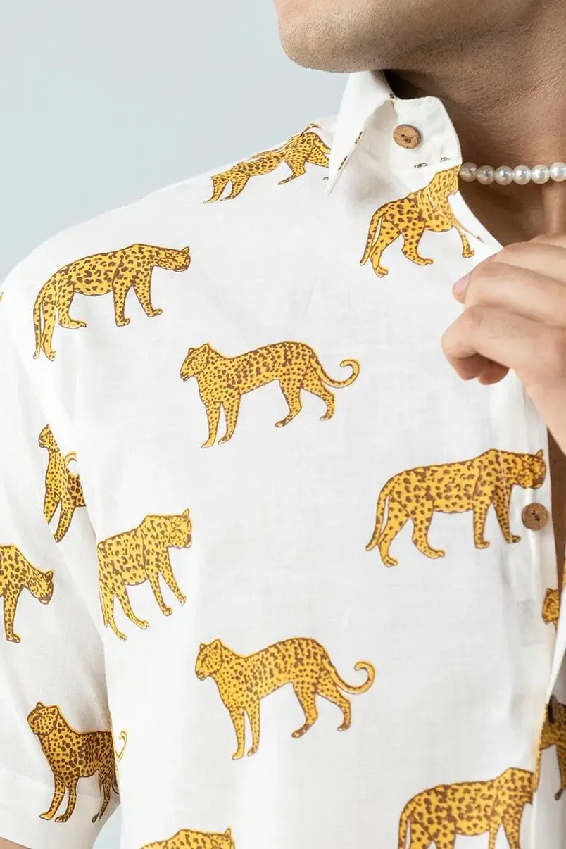 Firangi Yarn Block Printed Cotton White Leopard Printed Shirt For Men
