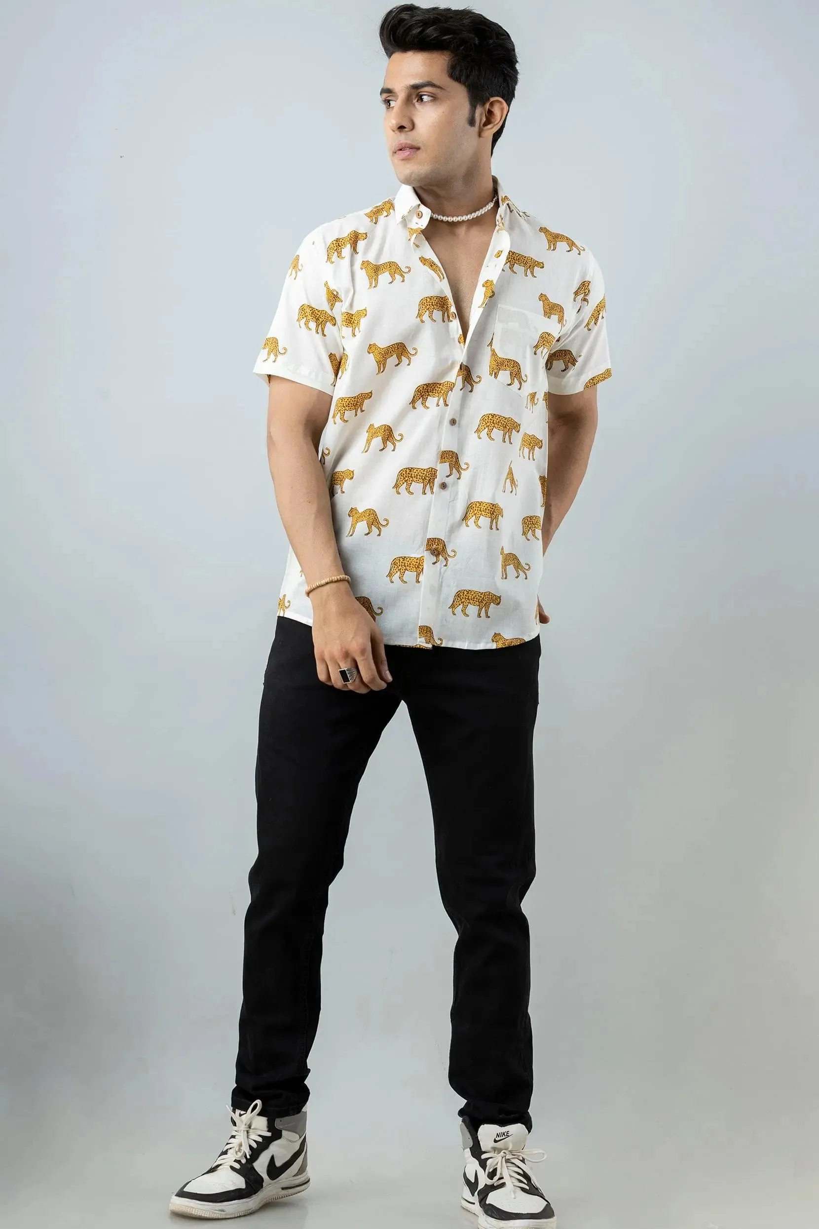 Firangi Yarn Block Printed Cotton White Leopard Printed Shirt For Men