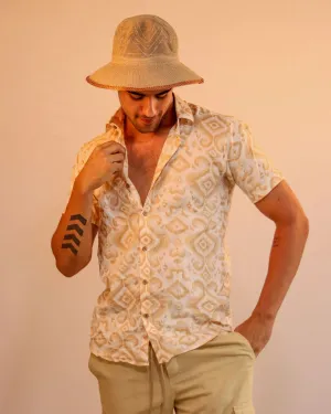Firangi Yarn Cotton Beige and White Block Ikkat Printed Shirt For Men