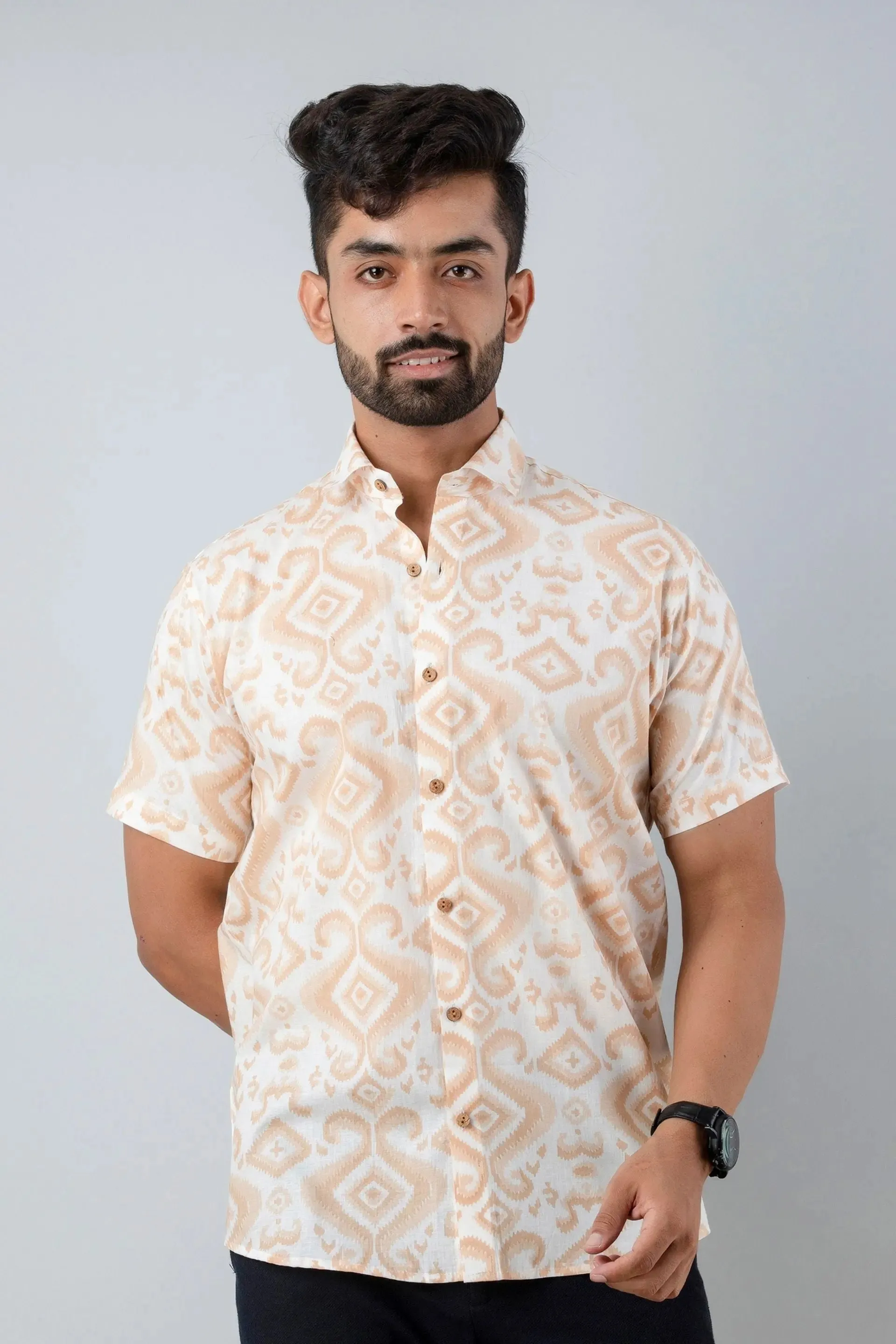 Firangi Yarn Cotton Beige and White Block Ikkat Printed Shirt For Men