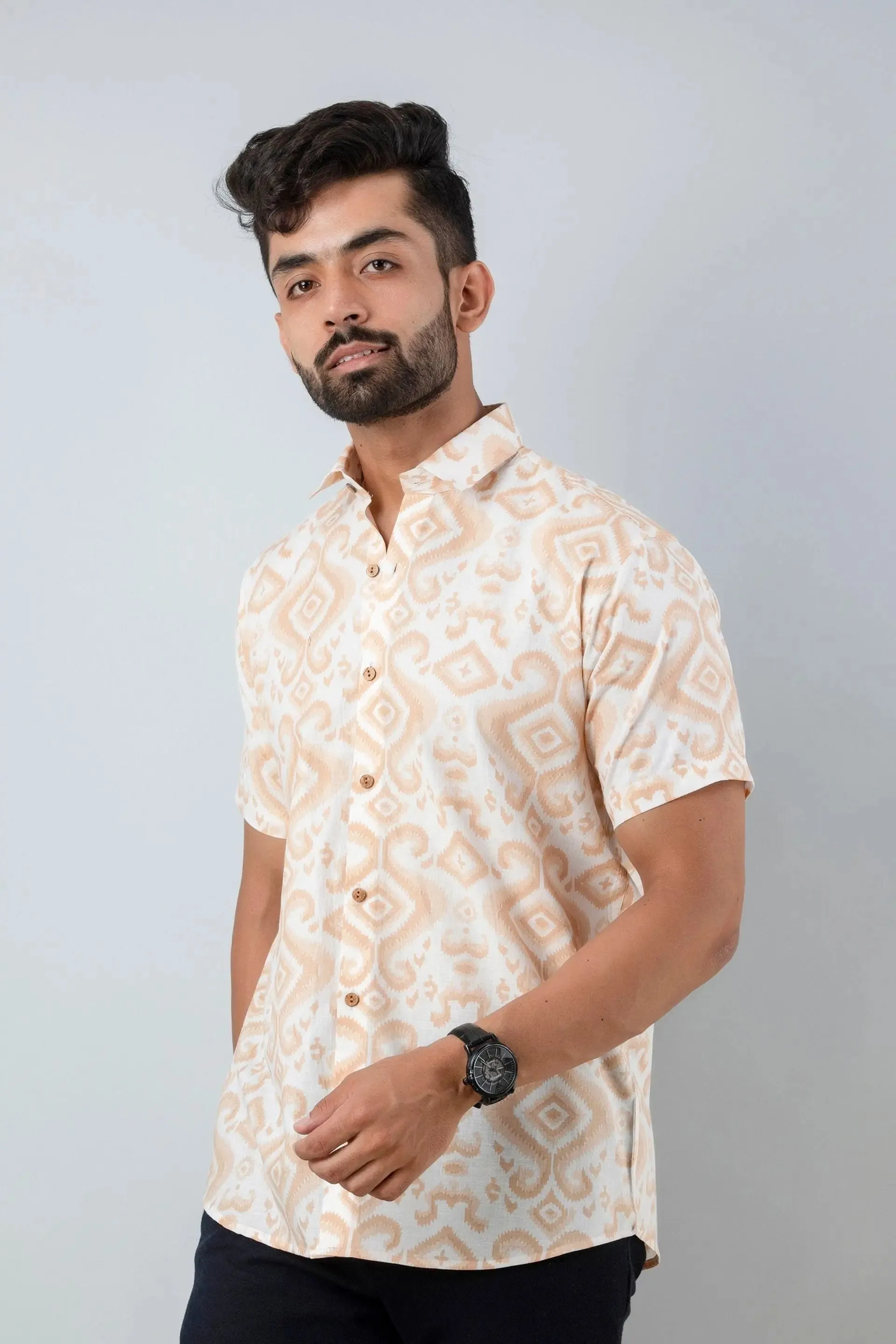 Firangi Yarn Cotton Beige and White Block Ikkat Printed Shirt For Men