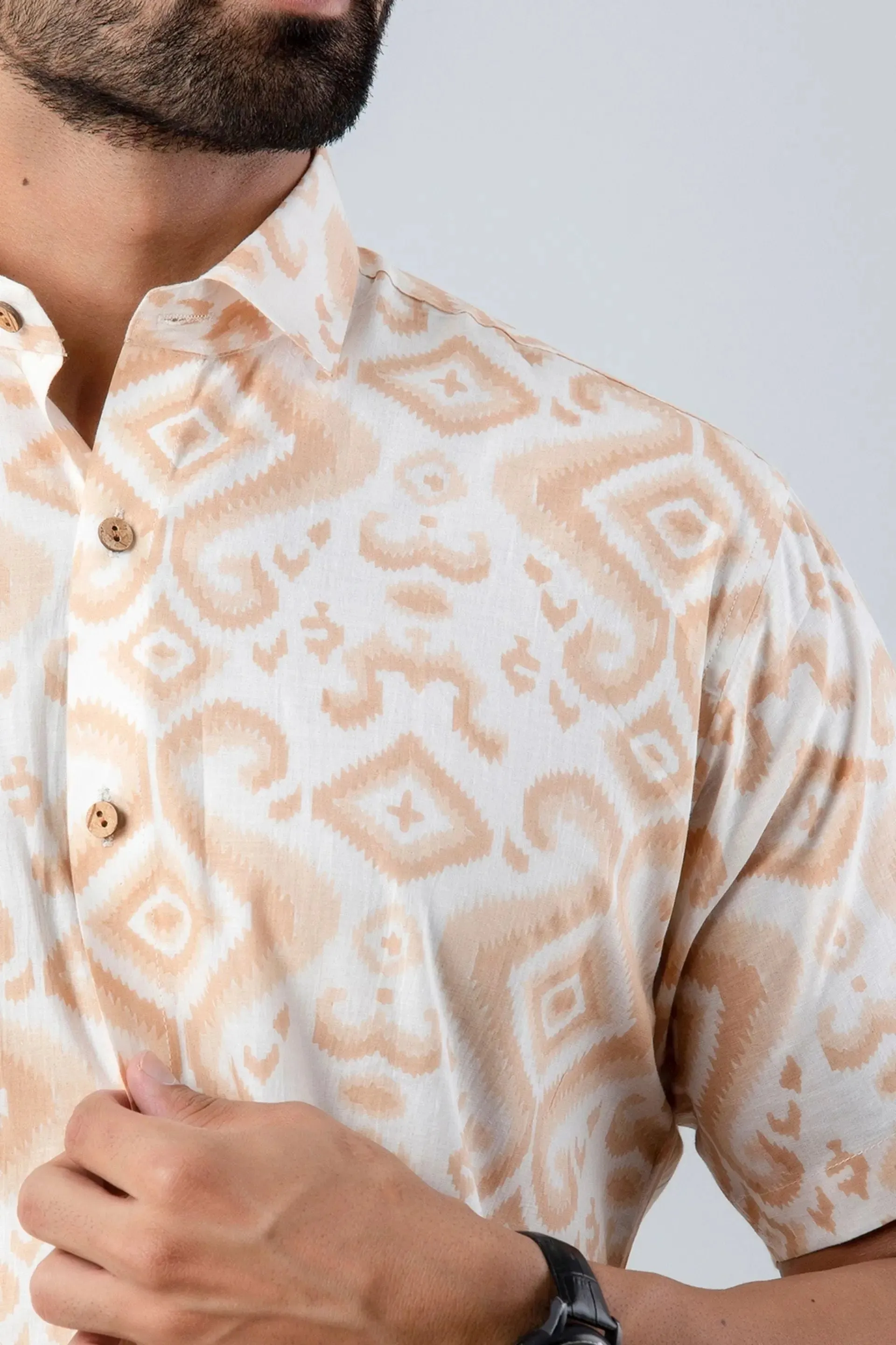 Firangi Yarn Cotton Beige and White Block Ikkat Printed Shirt For Men