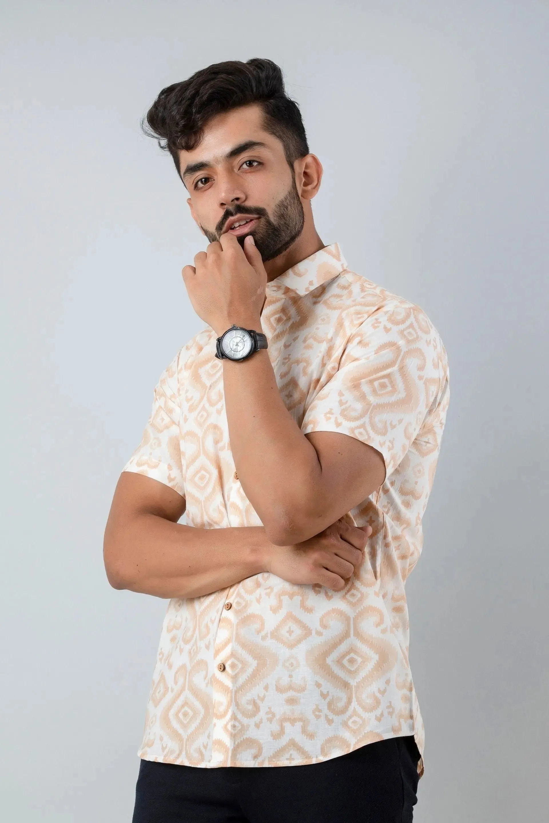 Firangi Yarn Cotton Beige and White Block Ikkat Printed Shirt For Men