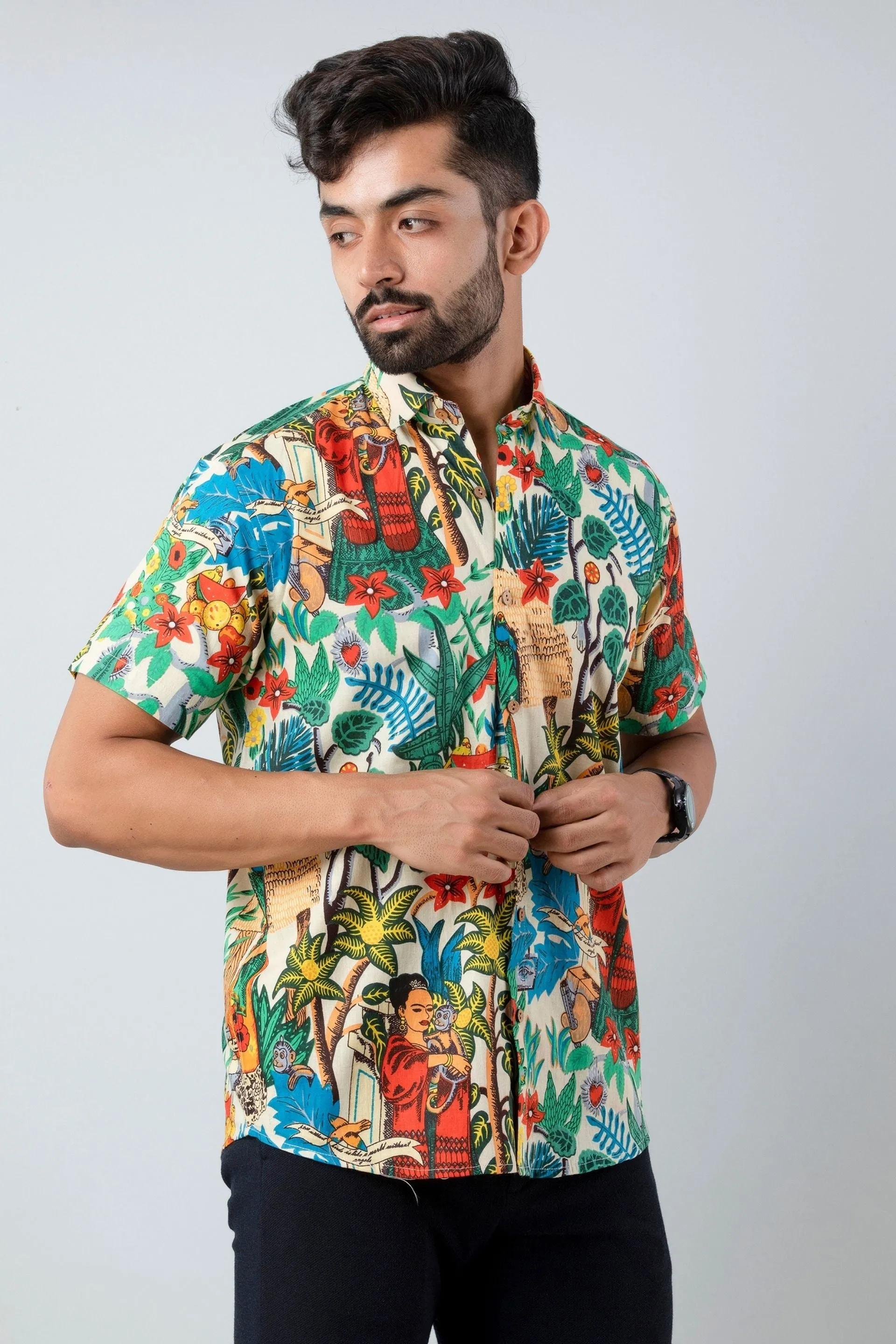 Firangi Yarn Cotton Block Lady Madelline and Botanical Printed Shirt For Men