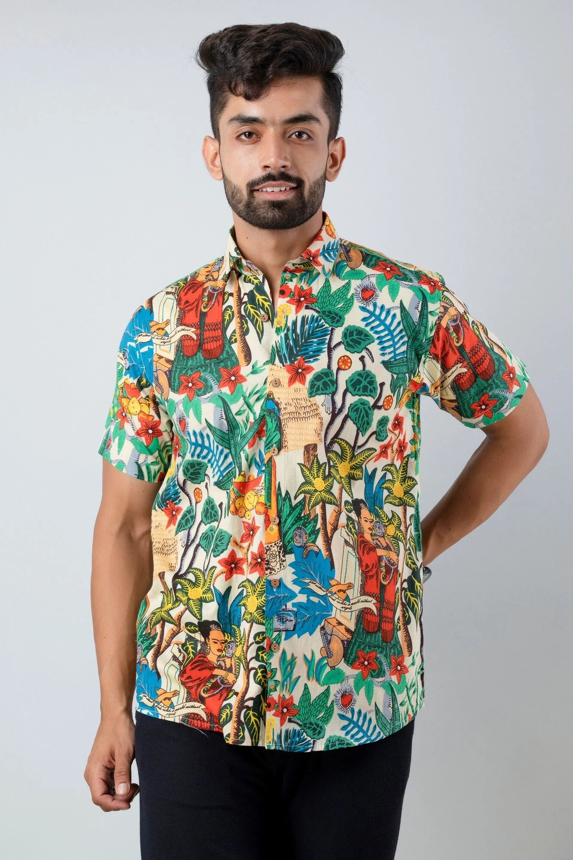 Firangi Yarn Cotton Block Lady Madelline and Botanical Printed Shirt For Men